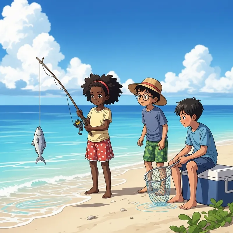 Children Fishing by the Sea - Diverse Group Captivated by Aquatic Life