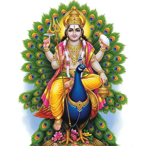 Lord Subramanya: Divine Spear-Wielding Deity on Vibrant Peacock