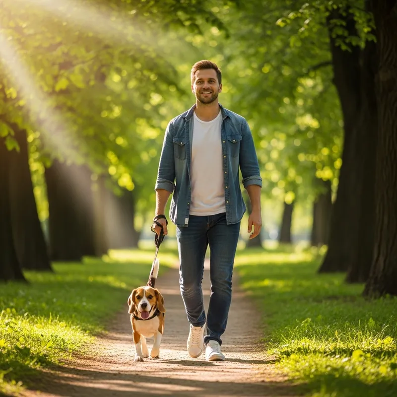 Man Enjoys Day Out with Beagle in Sunny Park