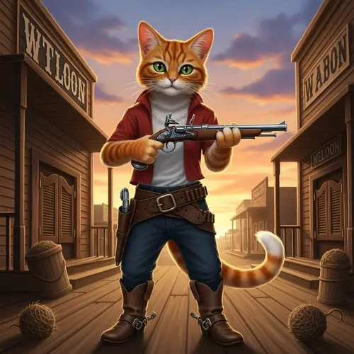 Anthropomorphic Cat with Flintlock Pistol in Wild-West Town