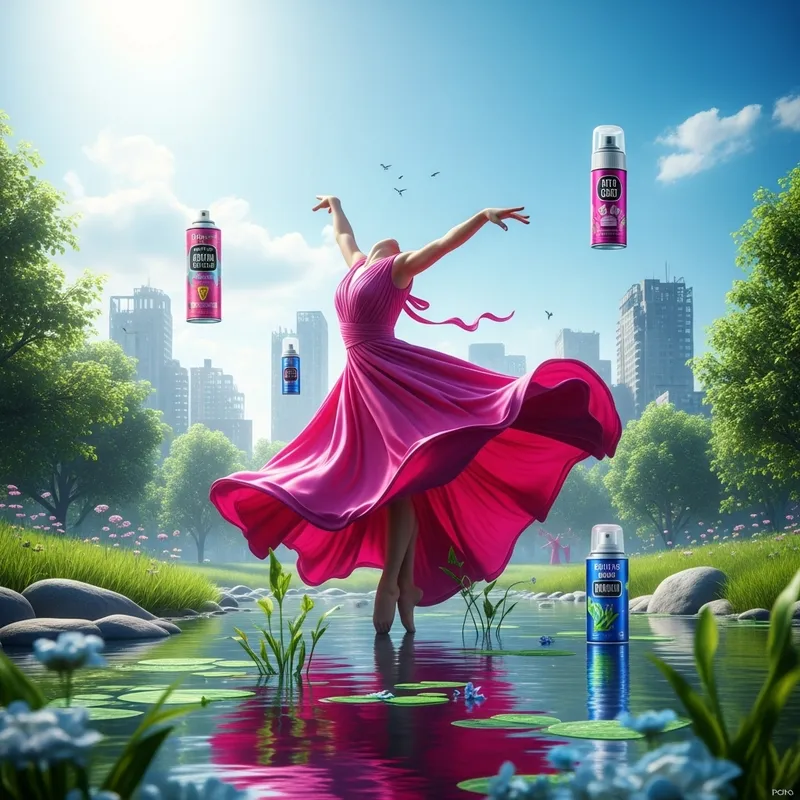 Vibrant Pink Dress Dancing in Park Setting with Clear Sky