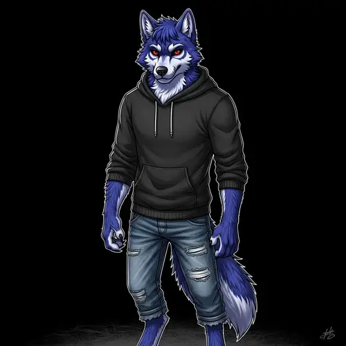 Stylish Masculine Wolf Character in Indigo Fur & Rebel Clothing