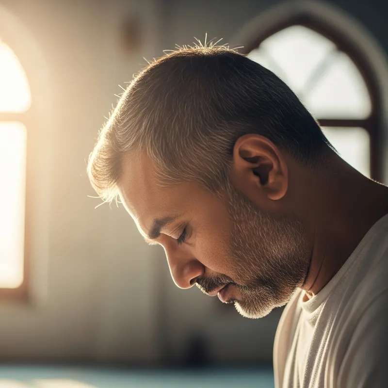 Man Bowing Head in Prayer with Bright Light Man Bowing Head in Prayer with Bright Light
