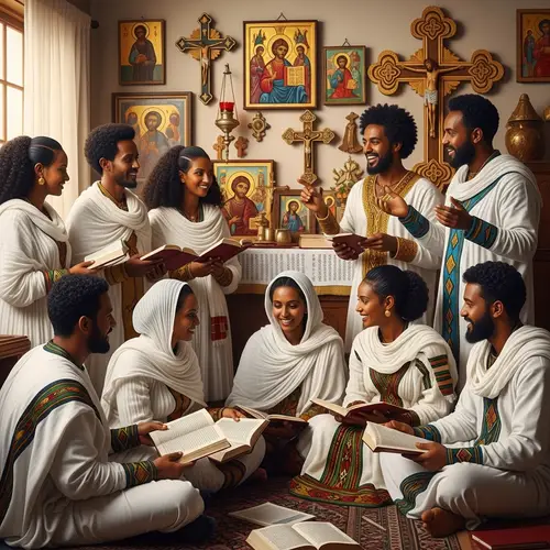 Ethiopian Orthodox Christians Learning Scene | Religious Decor