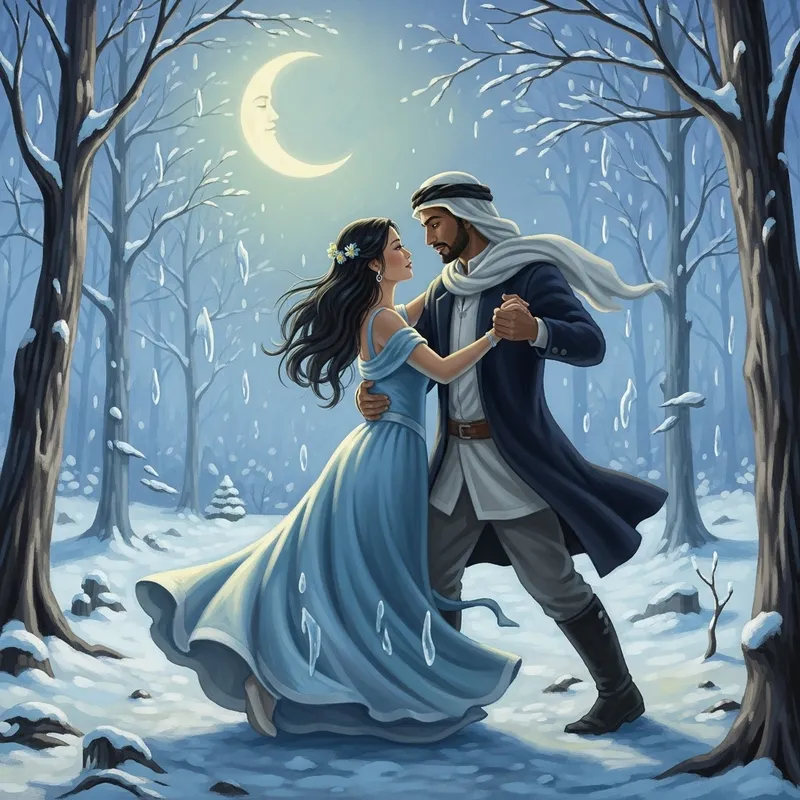 Enchanting Moonlit Dance of Love in Snowy Forest