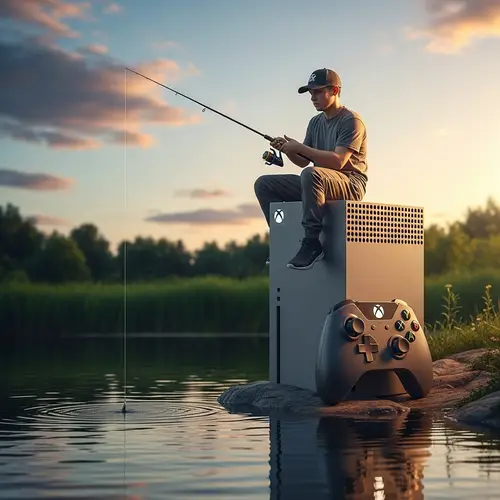 Unique Fisherman Fishing on Game Console by Water | Sunset Sky