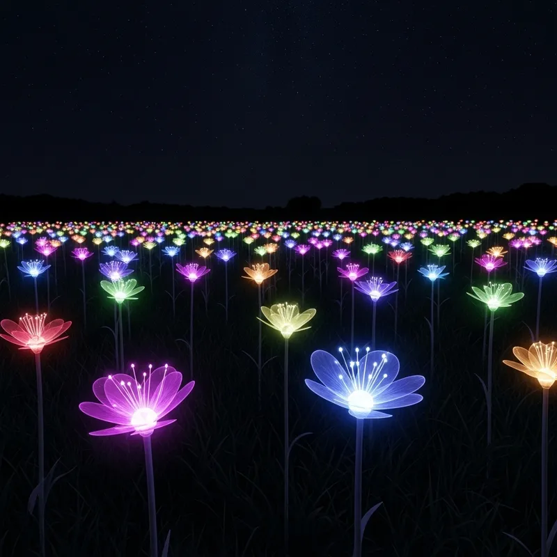 Glowing Magic Flowers in a Field at Night