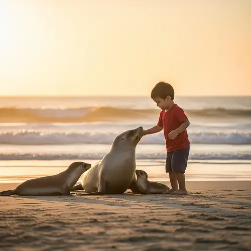 Boy Interacting with Seals at Sunset Beach