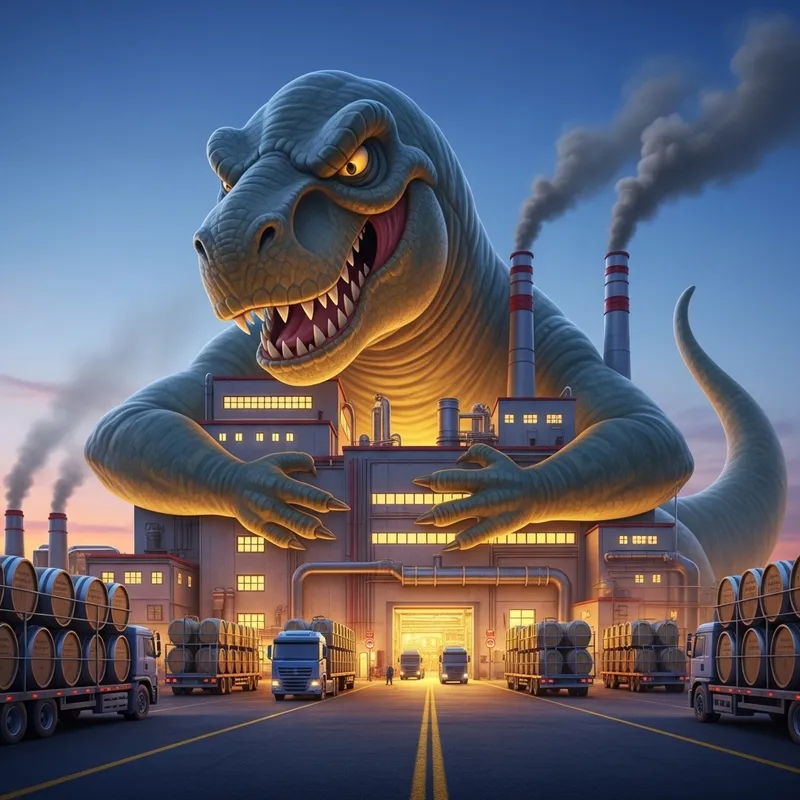 Monstrous Dinosaur Engulfing Beer Factory - Captivating Scene Monstrous Dinosaur Engulfing Beer Factory - Captivating Scene