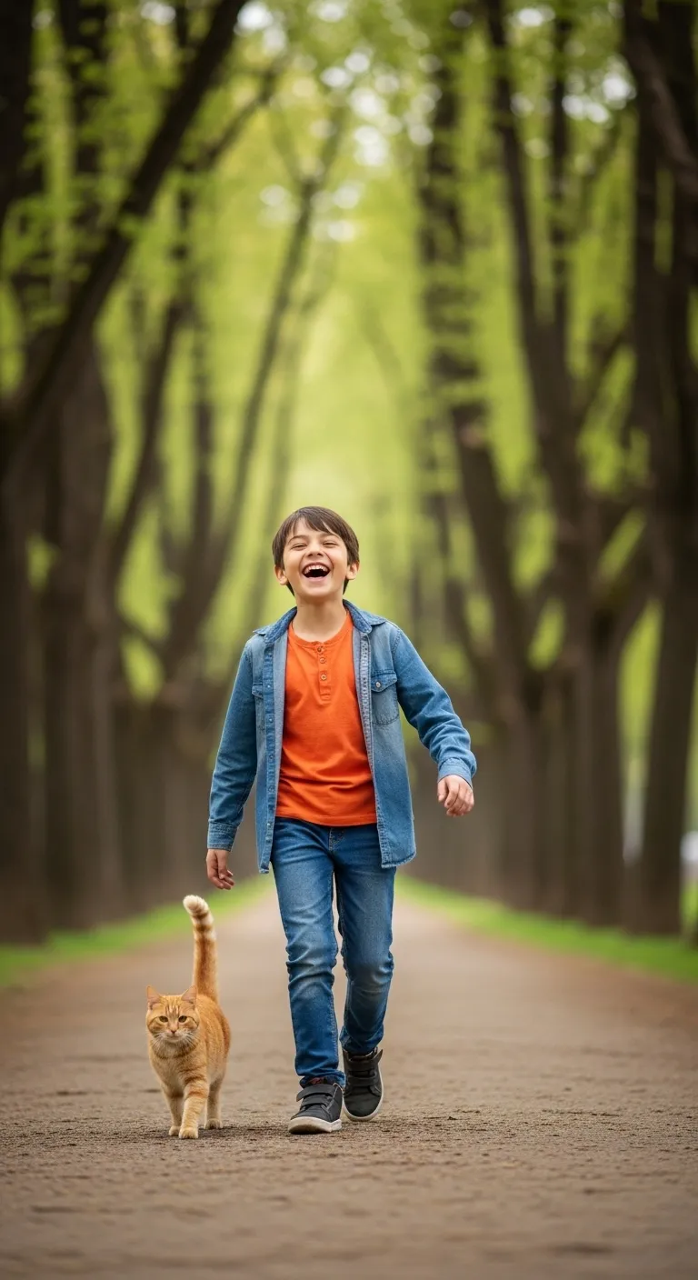 12-Year-Old Boy Laughing in Park with Ginger Cat | Realistic Scene