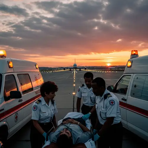 Hyperrealistic 1980s-Style International Airport Rescue Scene