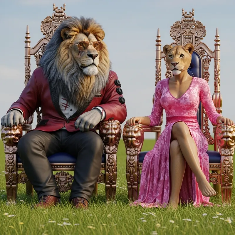 Majestic Lion Couple in Rose Velvet Dress & Cyberpunk Style