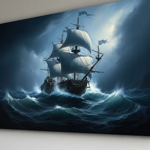 Majestic 17th-Century Ship Sailing Through Stormy Night