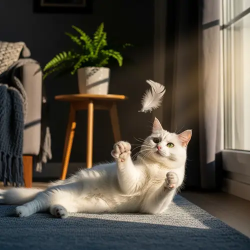 Fluffy White Cat Playing with Feather | Sunlit Cozy Room