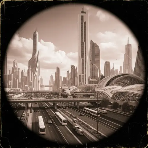 Captivating Futuristic Cityscape Shot with Retro Camera