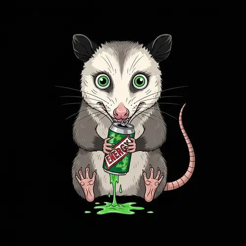 Humorous Possum Caricature: Heart Attack with Energy Drink