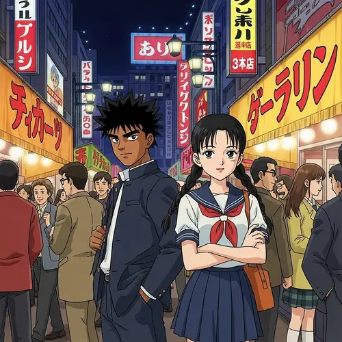 90s Style Anime Scene: Hispanic Male & Asian Female in Tokyo