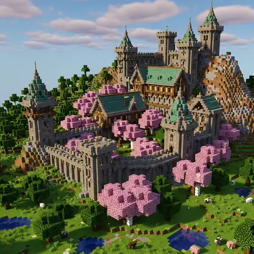 Medieval Castle with Sakura Trees in Minecraft 1.20