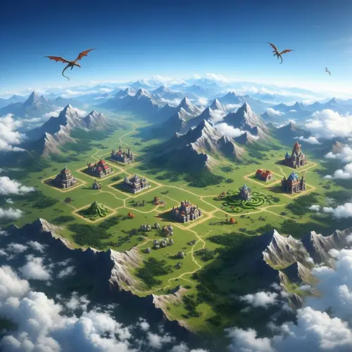 Fantasy World Aerial View: Verdant Landscapes & Mythical Creatures