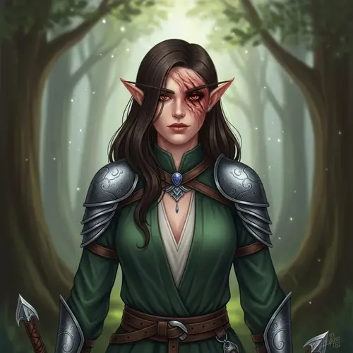 Striking Brunette Elf Woman with Half-Face Burn Scar