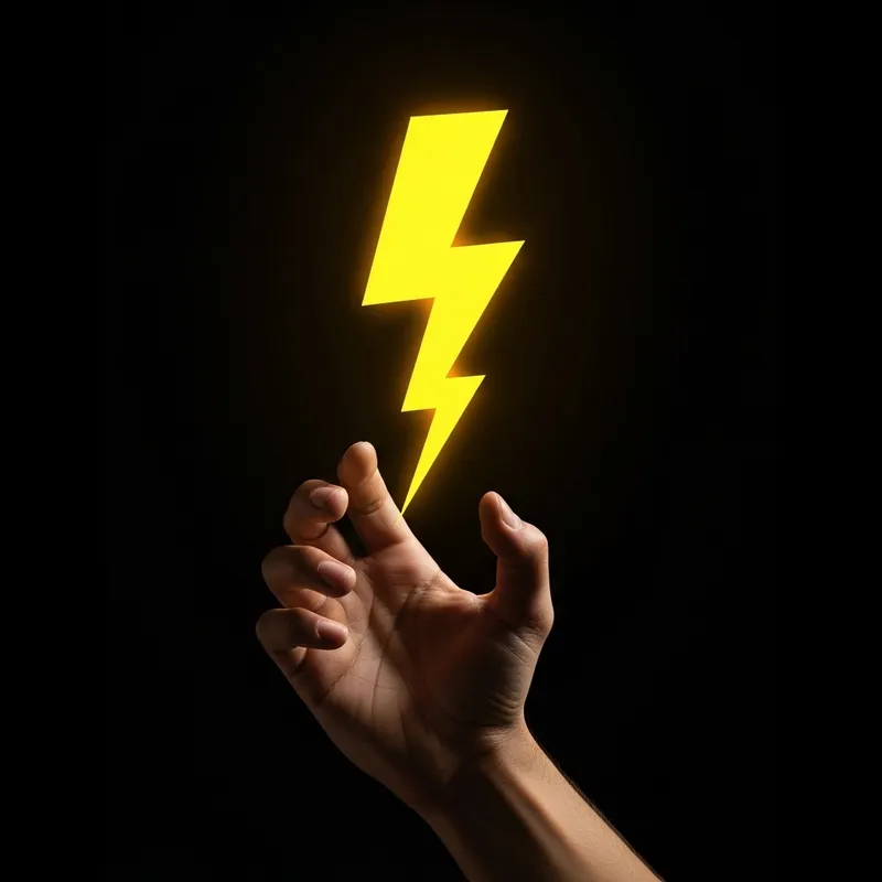 Hand Grasping Yellow Thunderbolt on Black Background