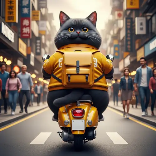 Chubby Adorable Black Cat in Yellow Courier Uniform on Moped