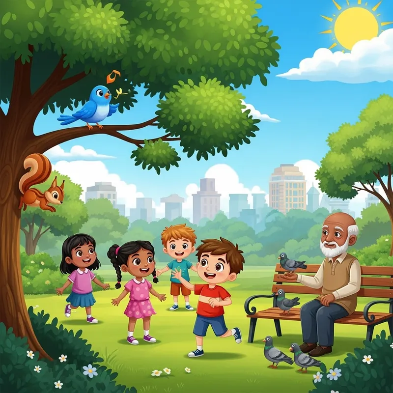 Sunny Park: Playful Bird, Squirrel & Kids Cartoon