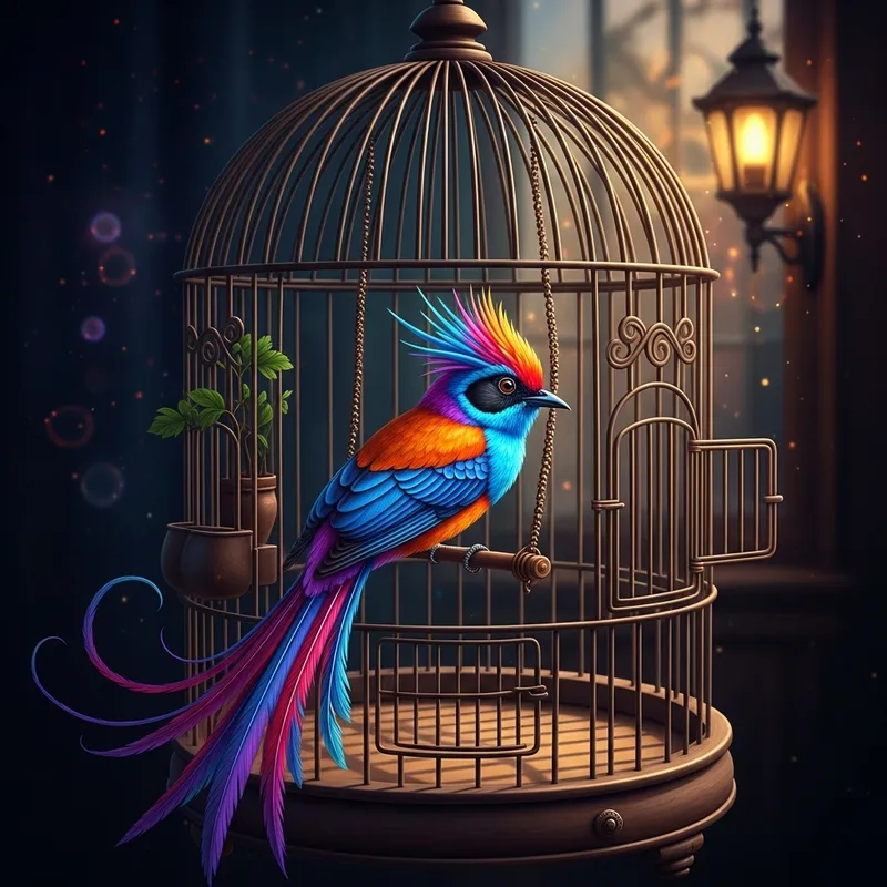 Colorful Exotic Bird in Vintage Birdcage | Dreamlike Fantasy Art
