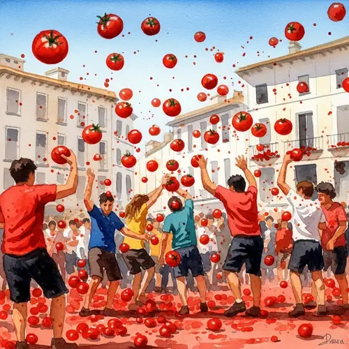 Spanish La Tomatina Festival in Watercolor Art