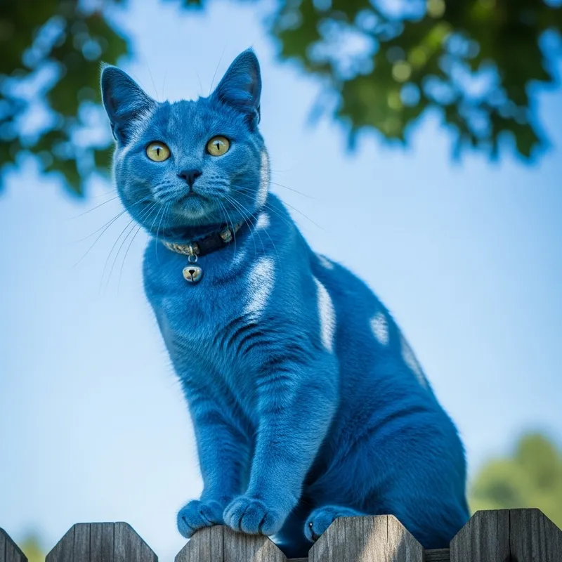 Majestic Blue Cat on Wooden Fence | Vibrant Azure Fur