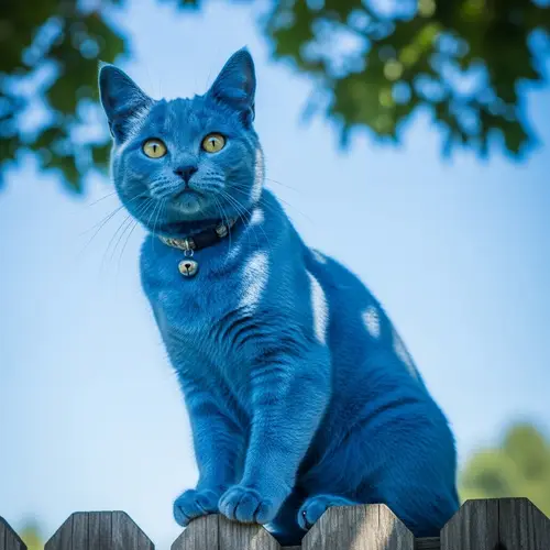 Majestic Blue Cat on Wooden Fence | Beautiful Azure Coat