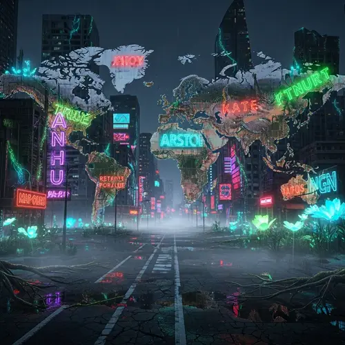 Hyper-Realistic World Map with Neon Lights and Bioluminescent Vegetation