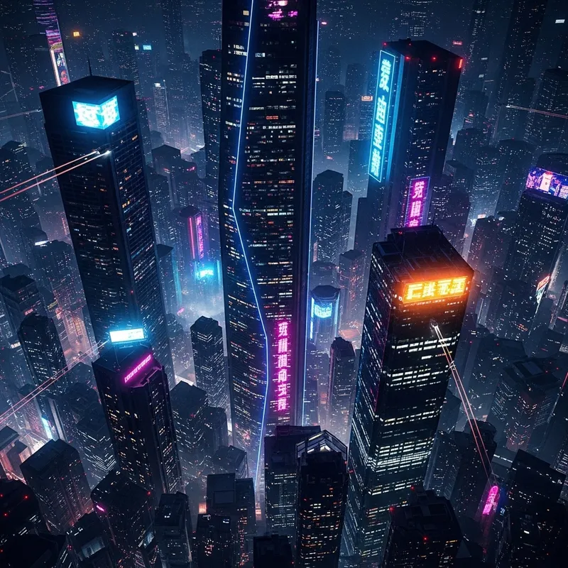 Futuristic Cyberpunk City | Vibrant Neon Skyscrapers - Aerial Shot Futuristic Cyberpunk City | Vibrant Neon Skyscrapers - Aerial Shot