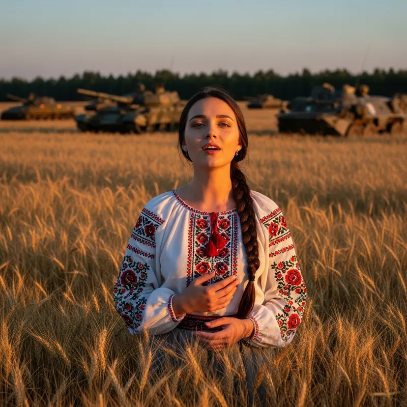 Fragile Ukrainian Beauty with Serene Poise Singing in Field