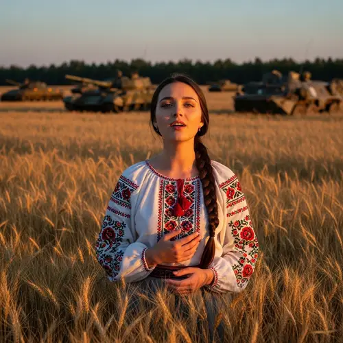 Beautiful Ukrainian Girl with Dark Hair Singing in Field