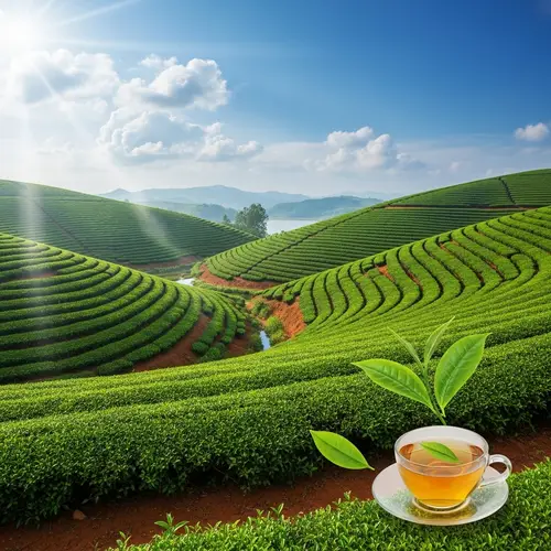 Serenity of Tea Plantation: Green Rows & Sunlit Skies