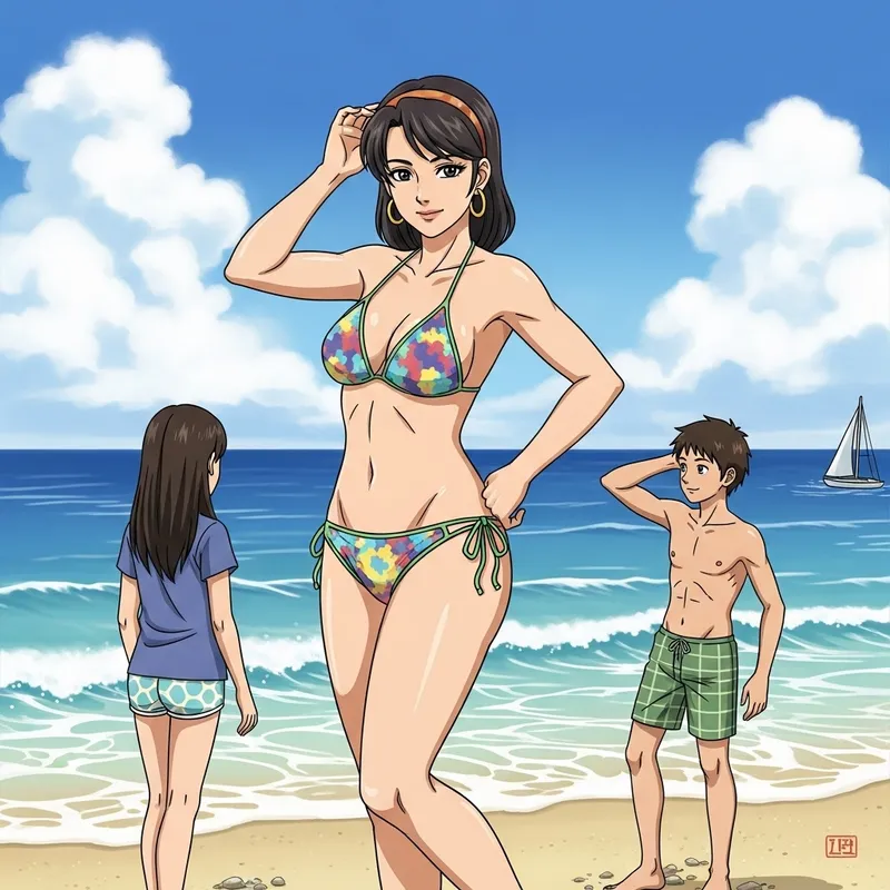 Anime Beach Scene: Confident Woman in Bikini