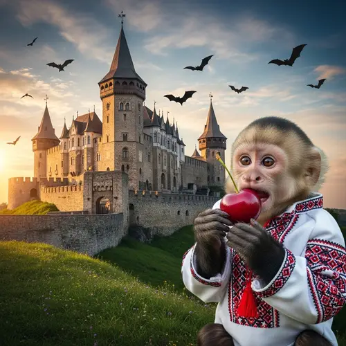 Ukrainian Monkey Enjoying Cherry in Medieval Castle Setting