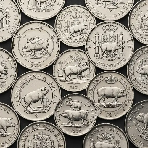 Intricately Designed Spanish Coins with Engraved Pigs