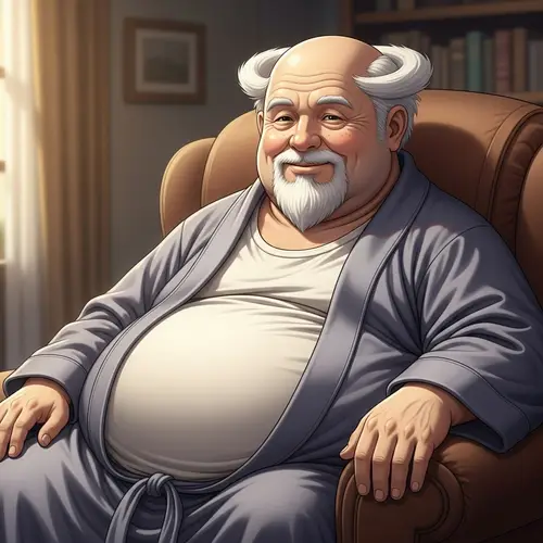 Cheerful Overweight Elderly Gentleman with White Goatee and Pot Belly
