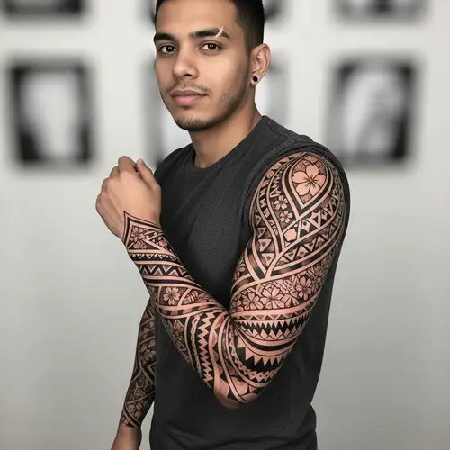 Geometric Sleeve Tattoo Design with Flower Motifs & Sharktooth Tribal Essence
