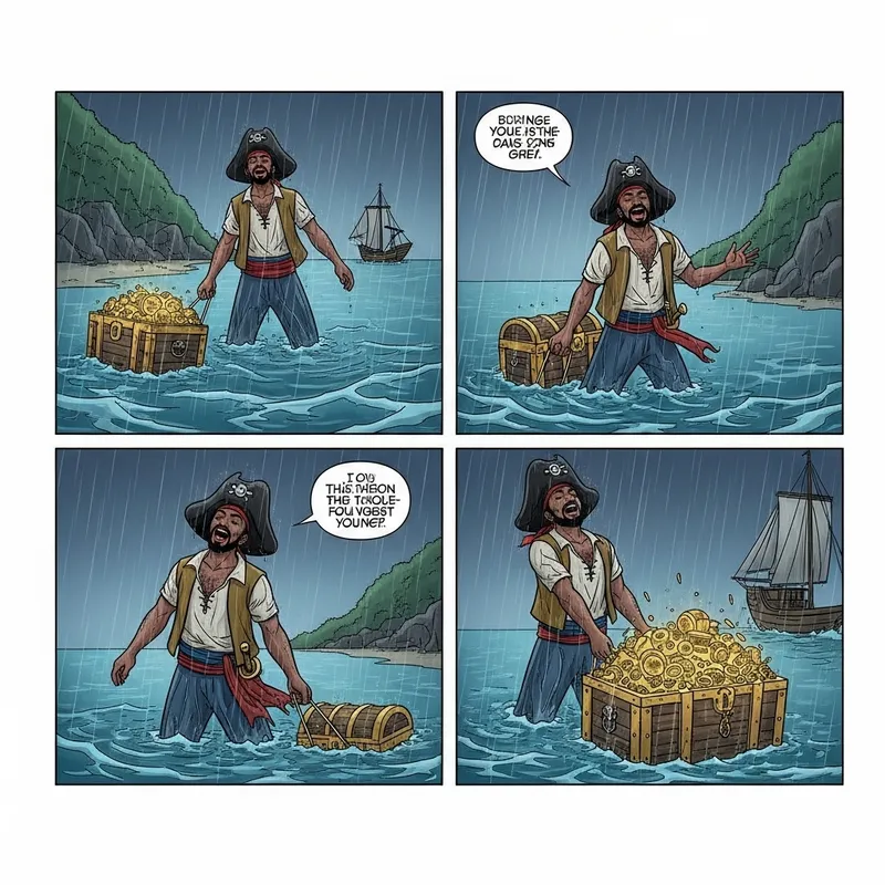 Pirate Emerging from Ocean at Night with Treasure Chest Pirate Emerging from Ocean at Night with Treasure Chest
