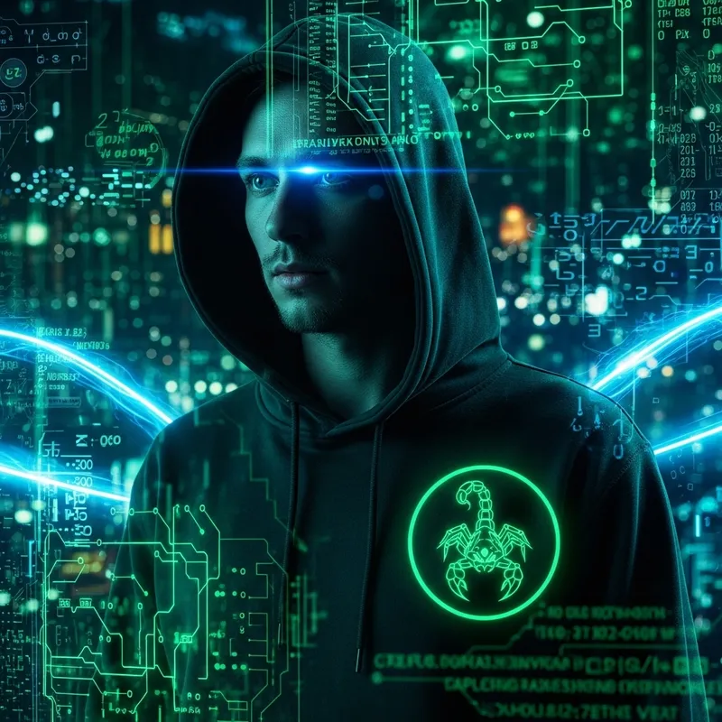 Futuristic 5D Hacker with Scorpion Logo Hoodie Futuristic 5D Hacker with Scorpion Logo Hoodie
