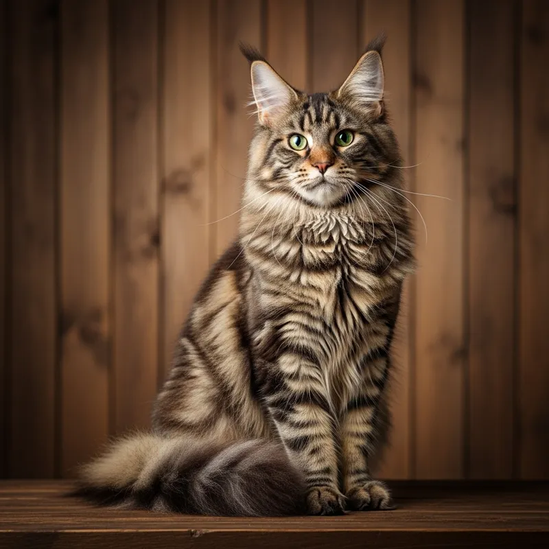 Mainecoon Cat with Fluffy Tail & Green Eyes