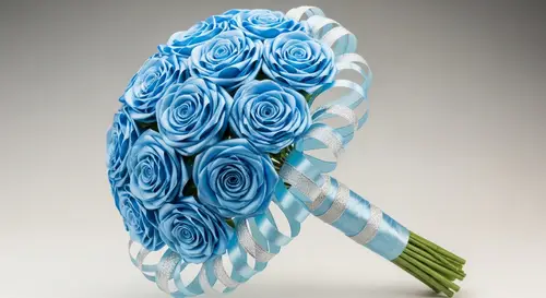 Delicate Blue Satin Ribbon Roses Bouquet | Elegant Floral Arrangement