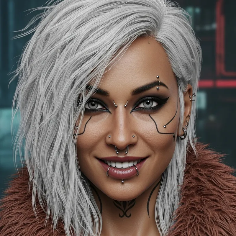 Futuristic Cyberpunk Portrait with Striking White Hair and Piercings