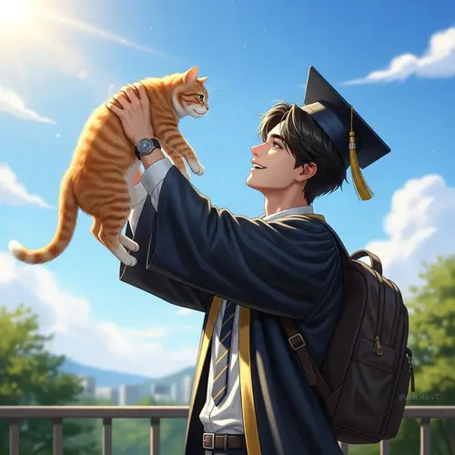 Handsome 15-Year-Old Boy Graduation Photo with Ginger Cat in Beautiful Weather