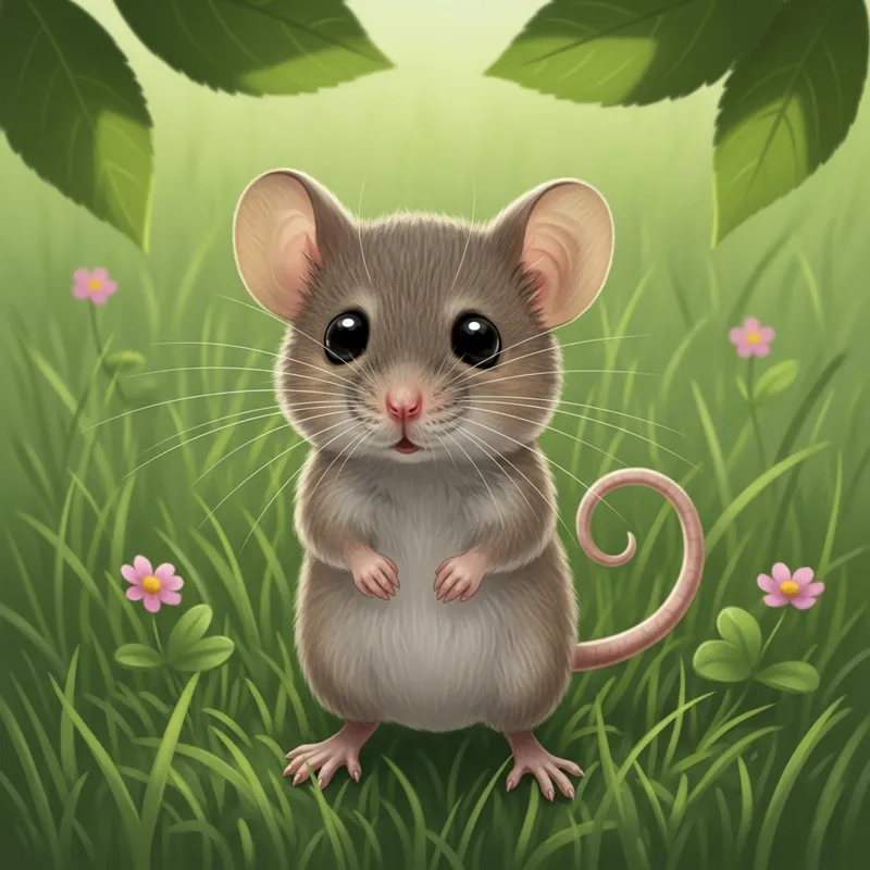 Cute Grey Mouse Standing Among Wildflowers