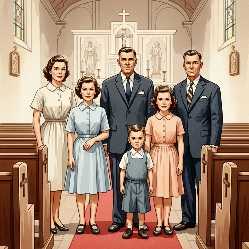 Nostalgic Vintage American Family Church Scene in Watercolors
