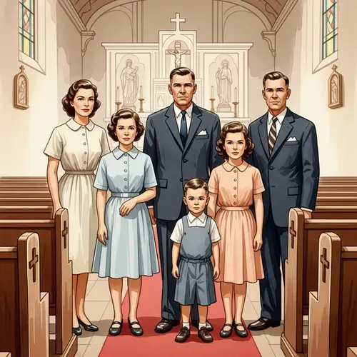 Vintage Mid-Century American Family in Church Watercolors
